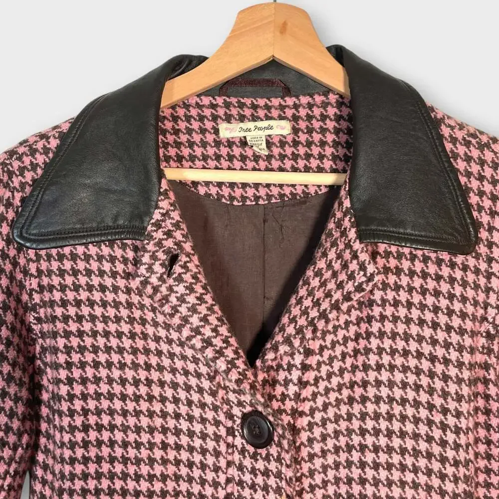 Free People Houndstooth Coat M Wool Blend Leather Trim Preppy Old Money Classic
